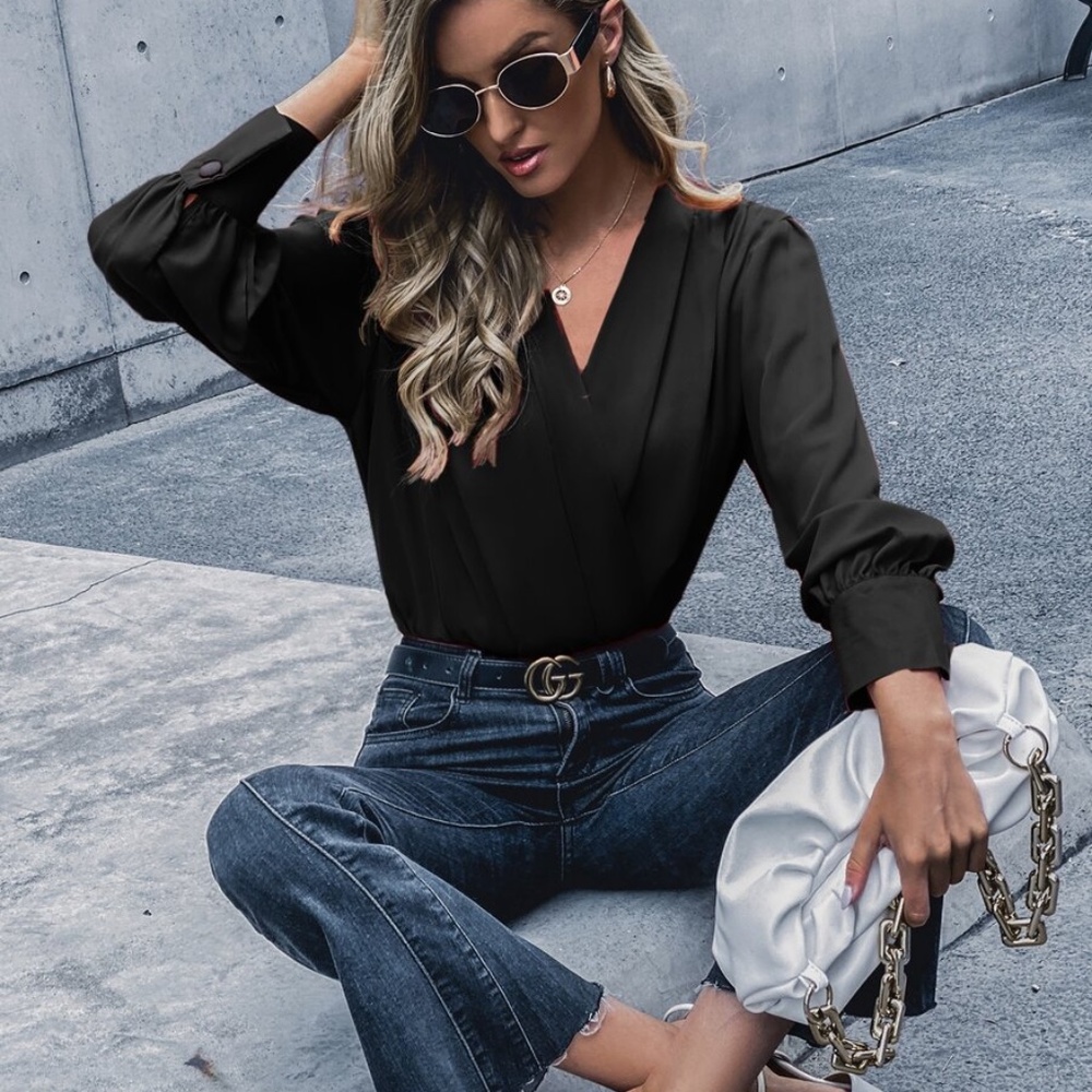 black classic v neck surplice bodysuit work - Picture 10 of 13